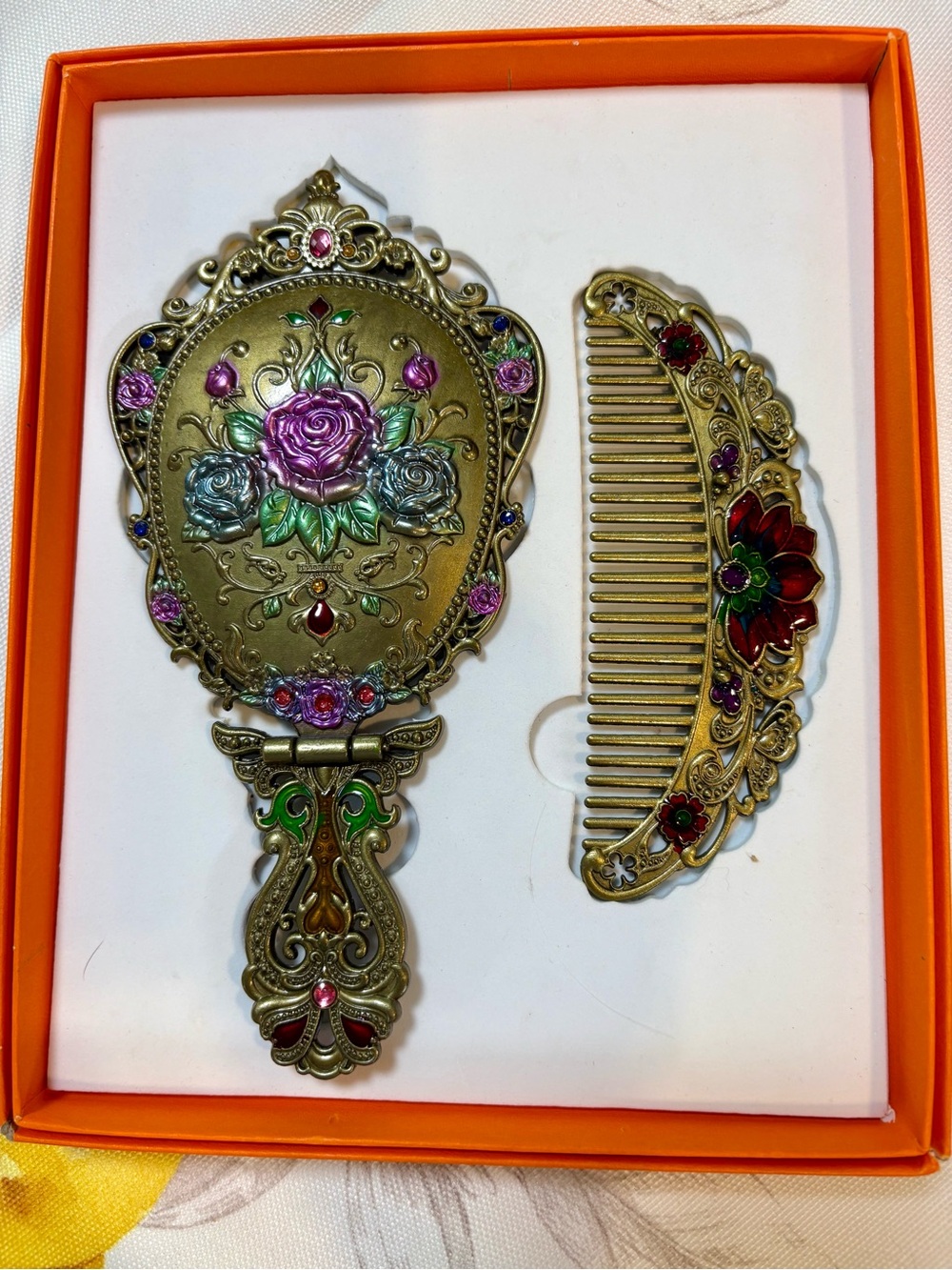 Vintage-Style Brass Hand Mirror and Comb Set - Multicolor Floral Design